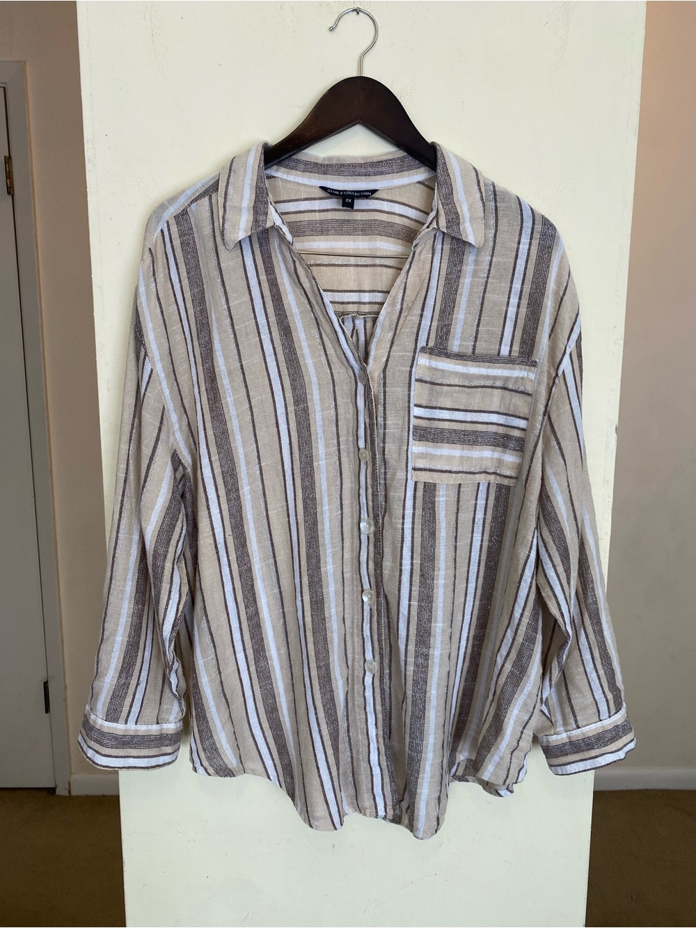 Club Z Collection Womens 2X Tan Metallic Stripe Button Shirt Lightweight